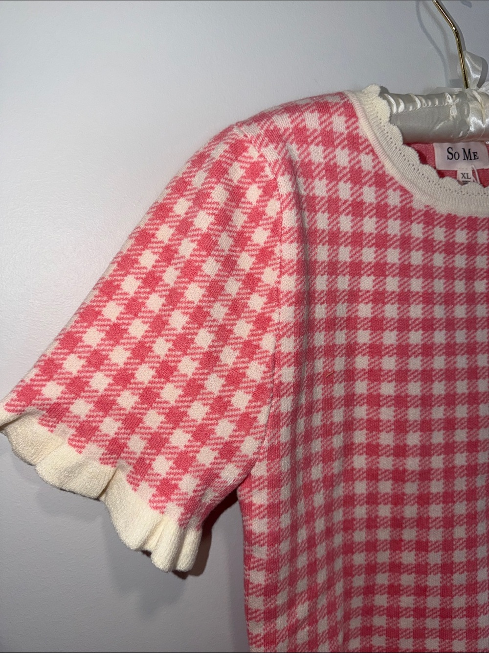 SO ME XL White Ivory Pink Gingham Knit Ruffle Trim Short Sleeve Sweater Top - Picture 9 of 13